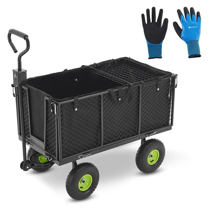 Carucior de gradina pentru transport universal, cu prelata si manusi, sarcina 550 kg, 114 x 52 x 105 cm, negru