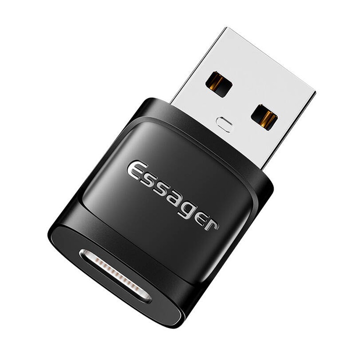 Adaptor Conversie ESSAGER USB La USB Type-C, 3A, USB 3.0, aluminiu, negru