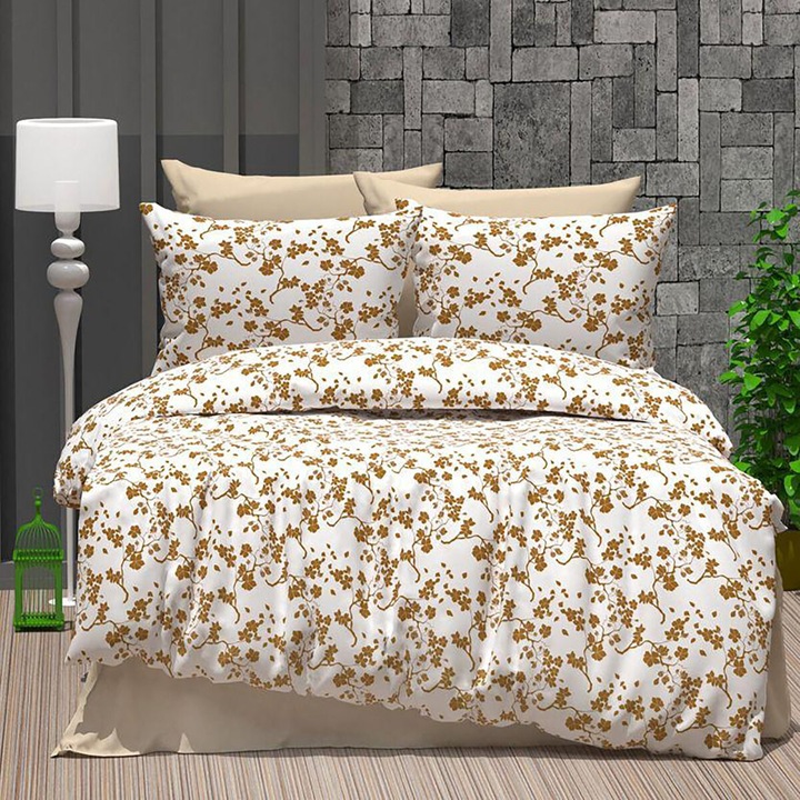 Ágyneműhuzat Royal Elegance pamut, 4 részes, kétszemélyes ágyra, 260x240 cm, Fehér virágos