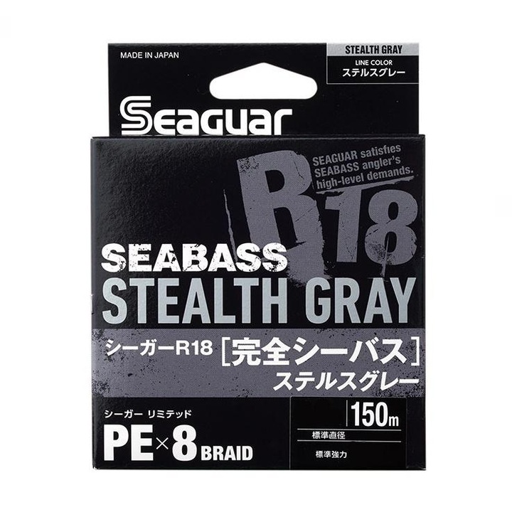 Textilszál Seaguar R18 Kanzen Seabass X8 Braid, Átmérő 0,128mm, Ellenállás 4,98kg, 150m, Szín Stealth Grey