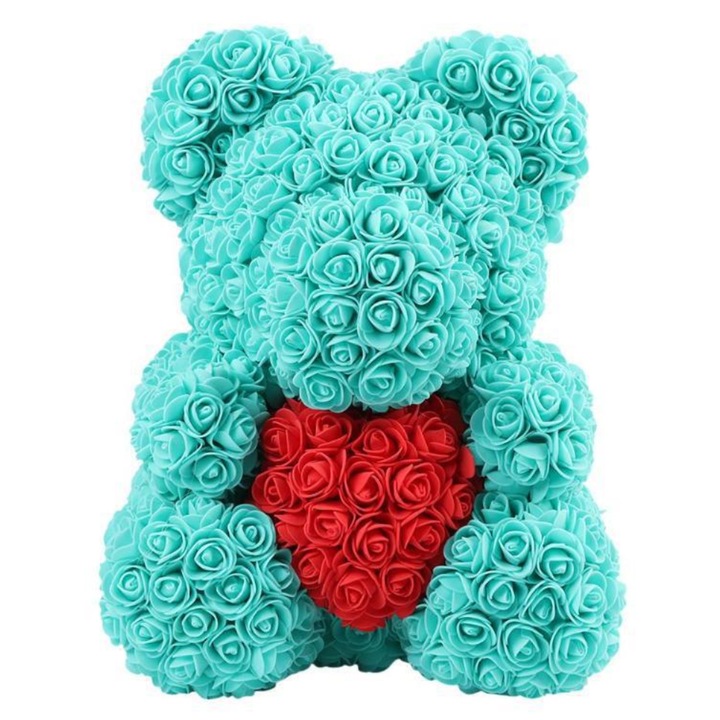 Ursulet din trandafiri de spuma decorat manual, 25 cm, cutie decorativa inclusa, turcoaz, PROMERCO®
