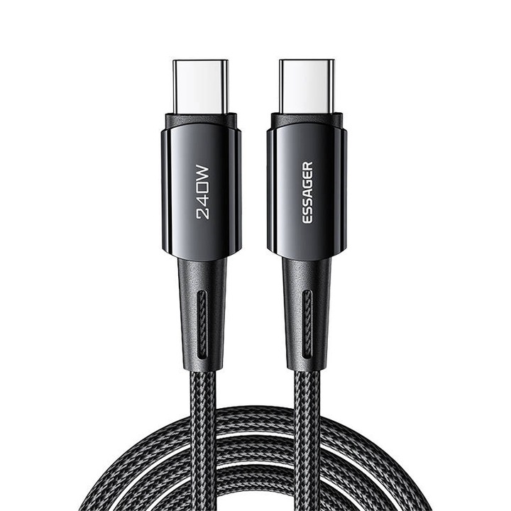 Essager 240W USB-C към USB-C кабел за данни и бързо зареждане, 1 м, черен