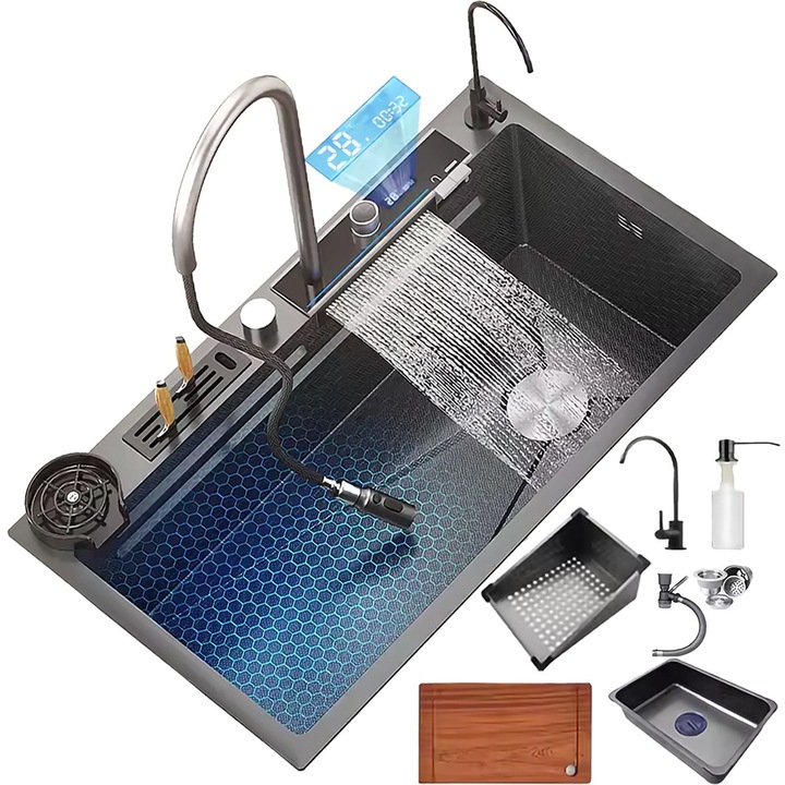 Chiuveta multifunctionala cascada, robinet extensibil, tocator, cuva, strecuratoare, modul spalare pahare, dozator sapun, robinet apa filtrata, afisaj digital temperatura, culoare negru titan, dimensiune 750x450mm