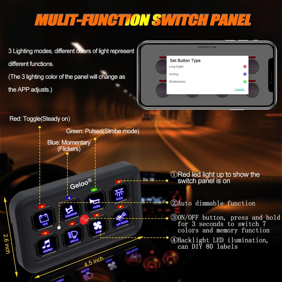 Kit panou comutator auto cu 8 butoane, 12/24 V, comutare prin releu, cu ...
