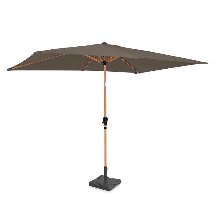 Umbrela de soare VONROC PRO GP507XX_TAUPE_WD_C2, finisaj culoare lemn, dimensiuni 200x300mm, inclinabila, protectie UV 50+, maneta rotativa, husa inclusa, baza beton 20kg inclusa, Cafenie