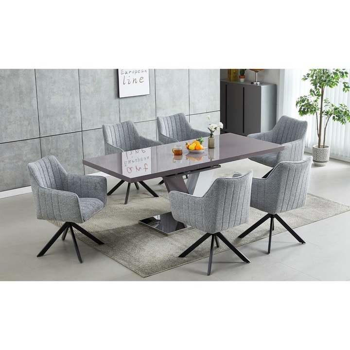 Set Masa Living Extensibila KJT384 Gri cu 6 Scaune KJC385 Gri