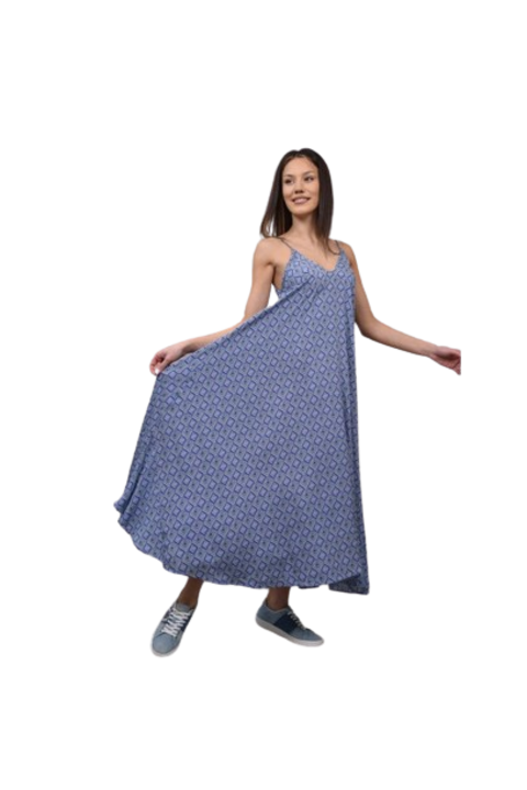 Hosszu ruha vekony vallpantokkal, tobbszinu rombuszokkal, eternozzo, Kék