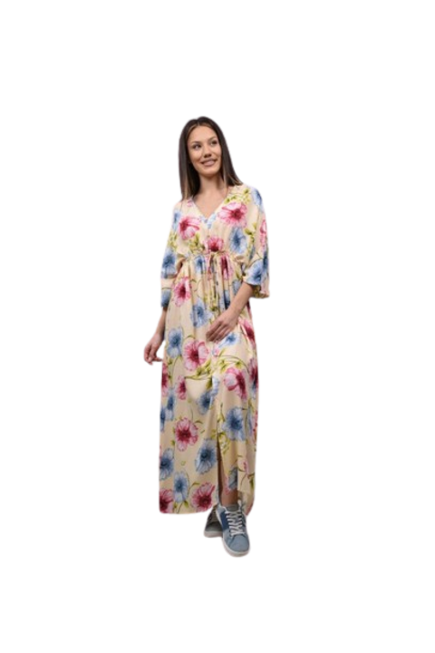 Hosszu ruha Barcelona viragokkal, Világosbézs