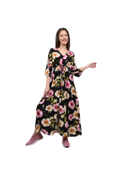 Rochie lunga cu flori barcellona negru, Negru