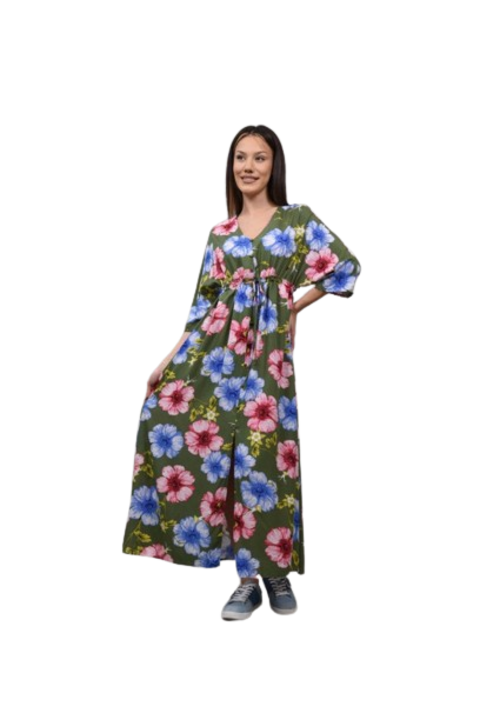 Rochie lunga cu flori barcellona kaki, Kaki