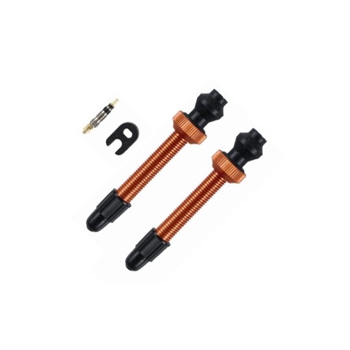 Barbieri tubeless kerékpár szelep, hossz 45 mm, alumínium, pótszelep mellékelve, súlya 8g, narancs