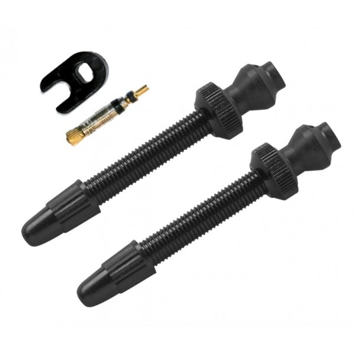 Barbieri tubeless kerékpár szelep, hossz 45 mm, alumínium, pótszelep mellékelve, súlya 8g, fekete