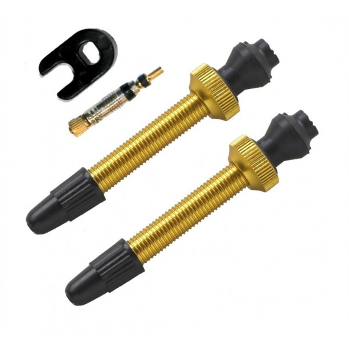 Barbieri tubeless kerékpár szelep, hossz 45 mm, alumínium, pótszelep mellékelve, súlya 8g, arany színű