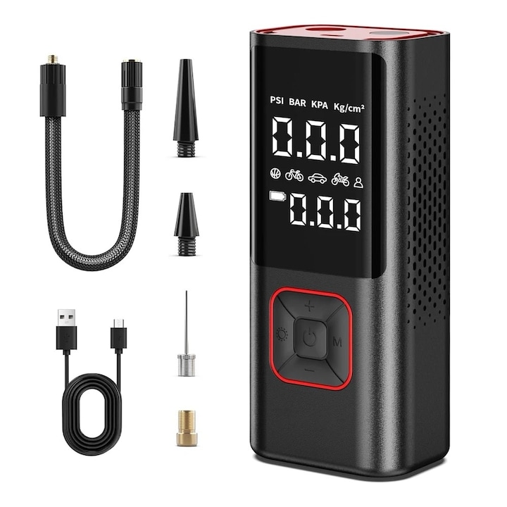 Pompa aer portabila tip mini compresor auto programabil cu afisaj digital si acumulator 6000mAh