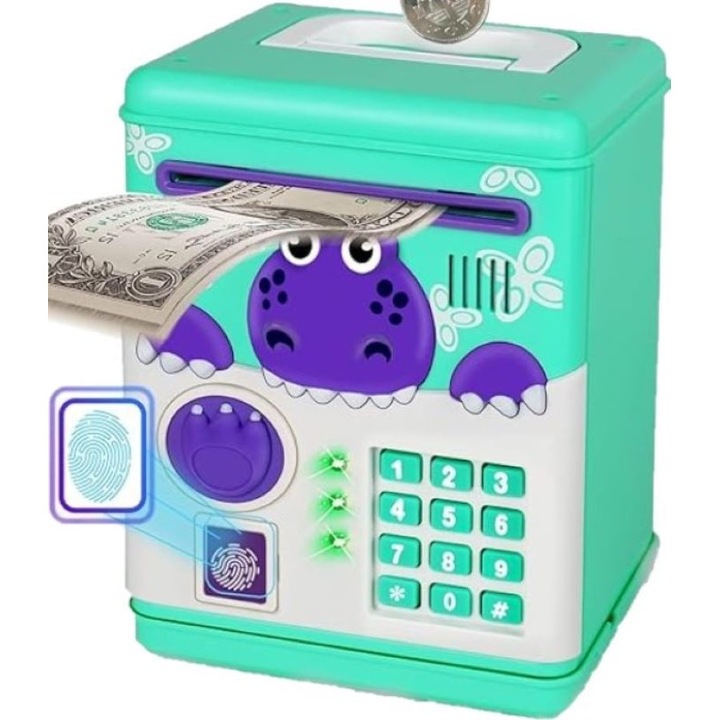 Pusculita seif pentru copii, ATM de jucarie, sunete si lumini, deschidere cu pin/amprenta, verde