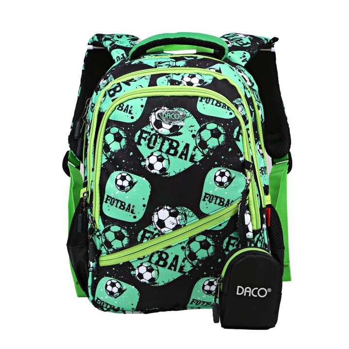 Ghiozdan scolar GH3504 Daco 38 x 30 x 17 cm, Motiv fotbal, Negru/Verde