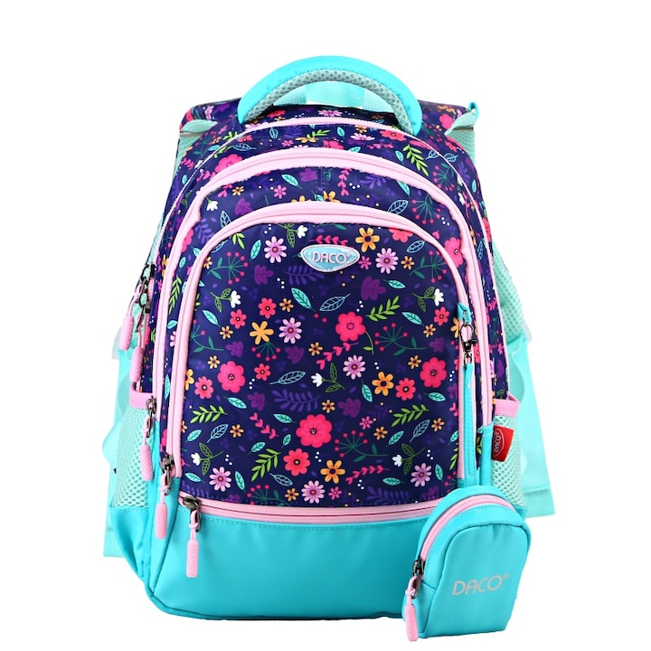 Ghiozdan scolar GH3008 Daco 38 x 30 x 17 cm, Motiv flori, Albastru/Roz