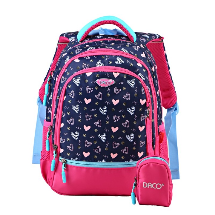 Ученически несесер GH3005 Daco 38 x 30 x 17 cm, мотив сърца, тъмно син/розов