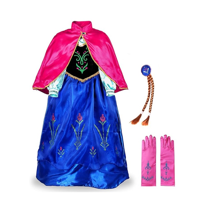 Costum pentru fetite, printesa Anna, JerrisApparel, cu manusi, pelerina si codite, marimea 130