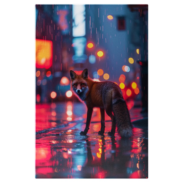 Tablou Canvas: Vulpe Privind Spre Camera in Oras si Fundal Blurat Colorat- Animale Salbatice Pictura Digitala 40x25CM