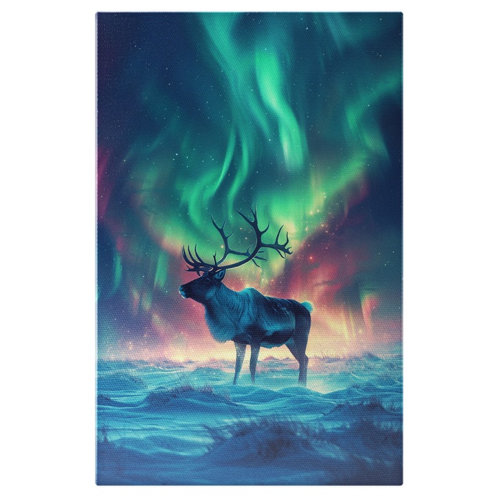 Tablou Canvas: Ren in Peisaj cu Aurora Boreala si Zapada- Natura si Calatorii in Norvegia Pictura Digitala 60x40CM