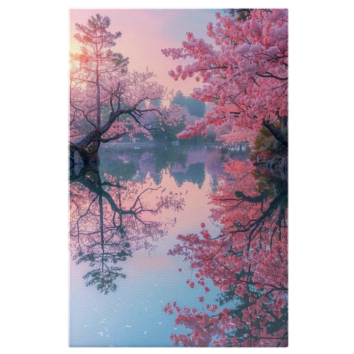Картина на платно: Разцъфнали вишни край езерото с отражения и пастелни цветове - Пейзажи Дигитална картина 90x60CM