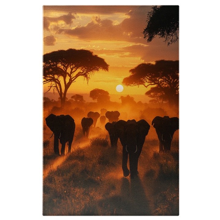 Tablou Canvas: Turma de Elefanti in Savana la Apus Indreptati spre Camera- Natura si Fauna Pictura Digitala 40x25CM