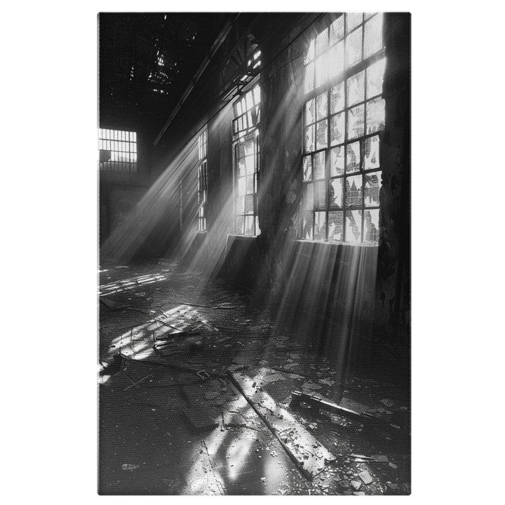 Tablou Canvas: Hala Veche, Abandonata cu Geamuri Sparte, Rame Goale si Raze ale Soarelui- Fotografie Alb-Negru Pictura Digitala 60x40CM