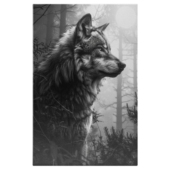 Tablou Canvas: Lup in Padure, Profil Animal Salbatic- Fotografie cu Detalii si in Alb-Negru Pictura Digitala 60x40CM