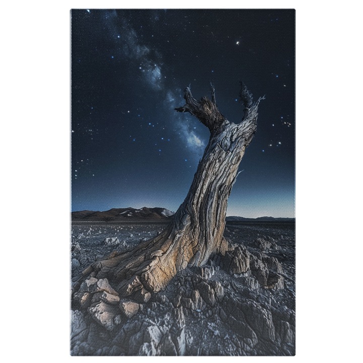 Tablou Canvas: Trunchi de Copac Uscat in Pamant Secetos, Poza Nocturna cu Cer Instelat- Natura Pictura Digitala 40x25CM