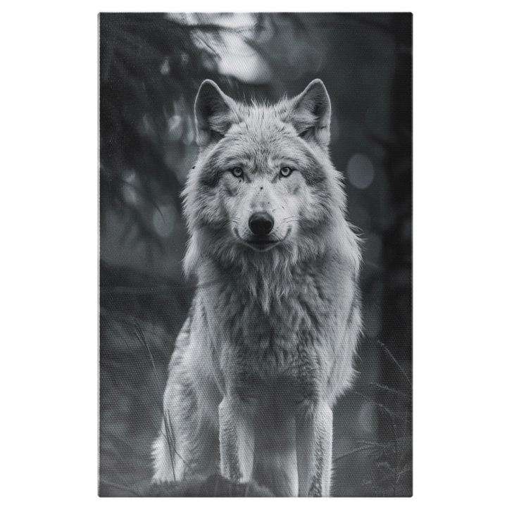 Tablou Canvas: Lup Salbatic in Padure cu Ochi Expresivi se Uita in Camera-Imagine de Fundal Alb-Negru Pictura Digitala 60x40CM