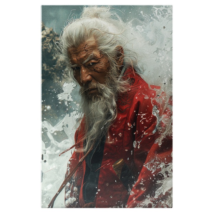 Tablou Canvas: Samurai Japonez Batran cu Par Alb Lung si Haine Rosii, Privind Spre Camera- Portrete Artistice Pictura Digitala 40x25CM