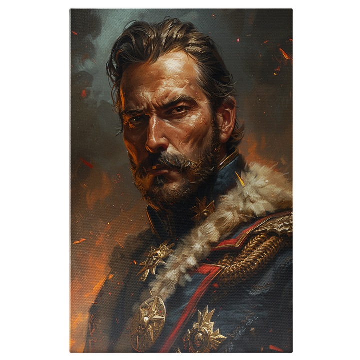 Tablou Canvas: Rege in Costum cu Insigne si Medalii Privind Agil spre Camera- Portret Artistic Pictura Digitala 40x25CM