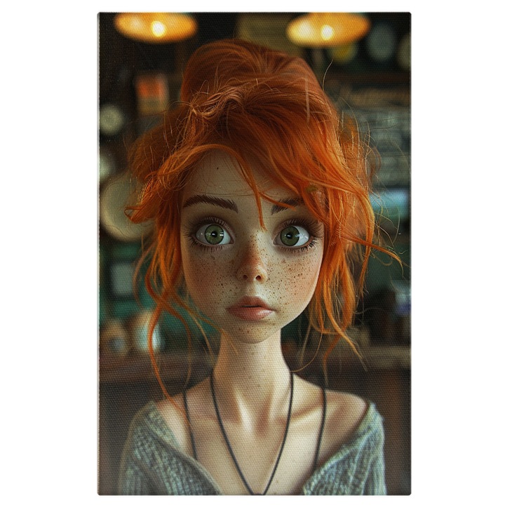 Tablou Canvas: Papusa cu Ochi Mari, Verzi si Par Roscat Prins, Pivind in Camera- Caractere Animate Pictura Digitala 40x25CM