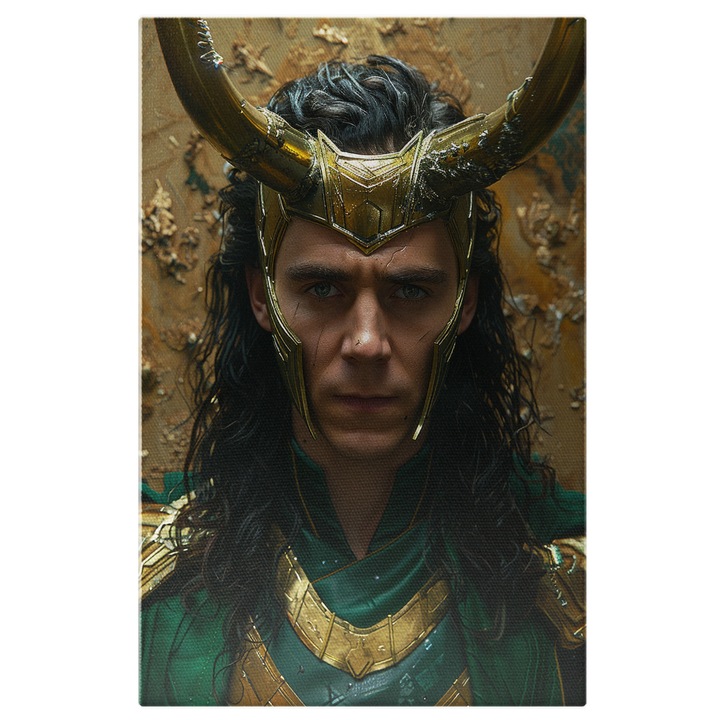 Tablou Canvas: Loki Personaj de Serial in Armura Aurie si Verde, Privind spre Camera- Seriale si Filme Pictura Digitala 40x25CM