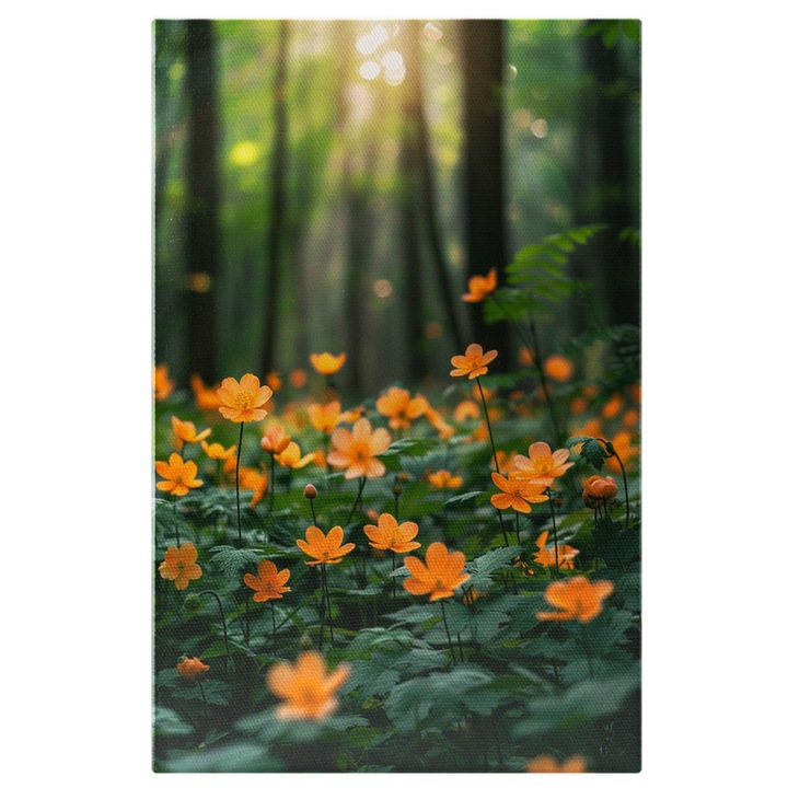 Tablou Canvas: Colt de Codru Verde, Luminat cu Flori Portocalii Mici- Padure si Culoare Pictura Digitala 40x25CM