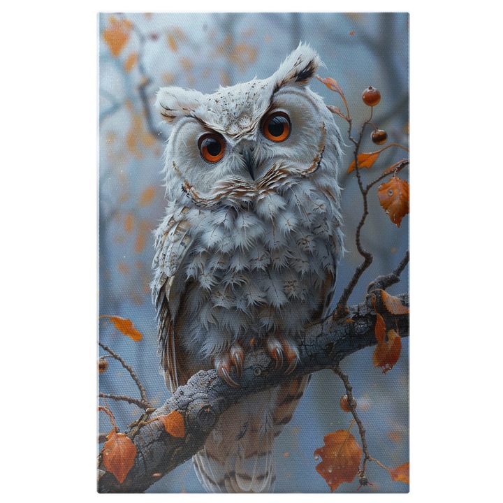 Tablou Canvas: Bufnita Alba in Ceata Padurii Ochi Mari Frumusete Naturala si Peisaj Tomnatic Pictura Digitala 100x70CM