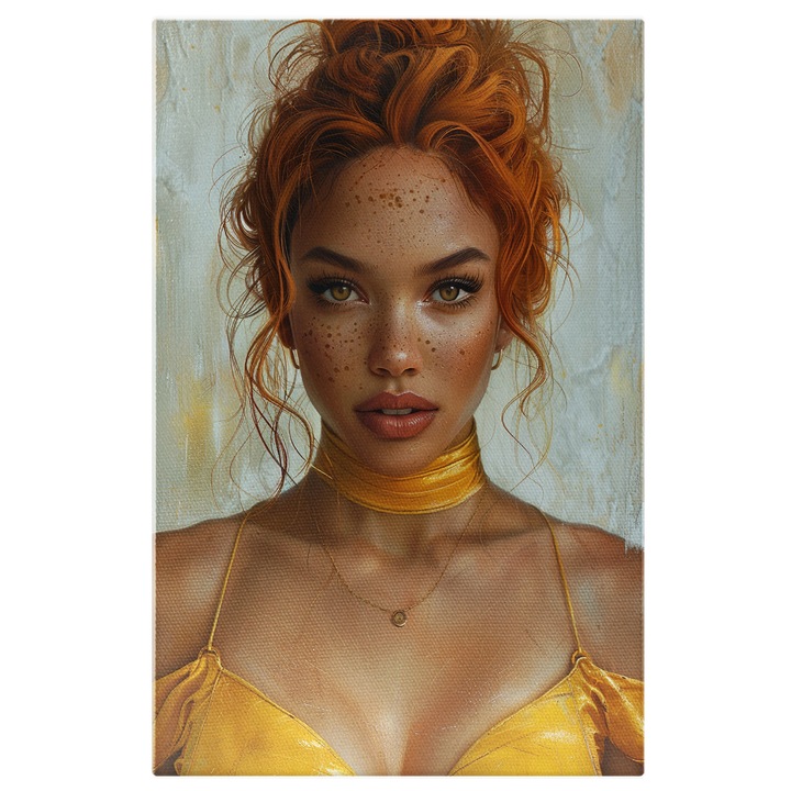 Картина на платно: Жена в жълта рокля с лунички и блестящи очи Дискретна женствена верига Дигитална картина 40x25CM