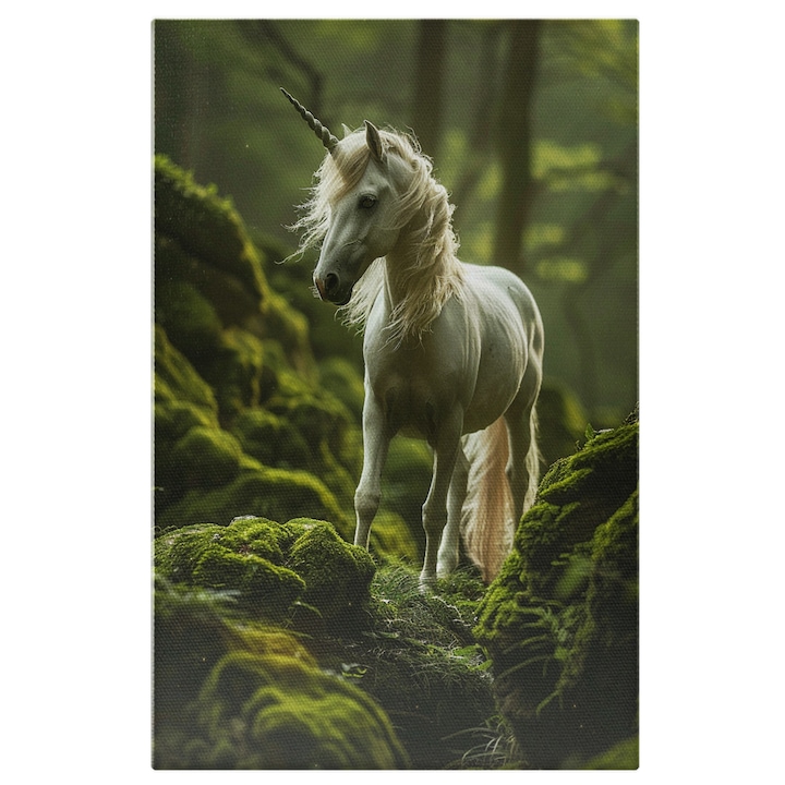 Tablou Canvas: Unicornul Alb in Padurea cu Licheni Verzi Natura si Minunatiile ei Pline de Viata Pictura Digitala 40x25CM