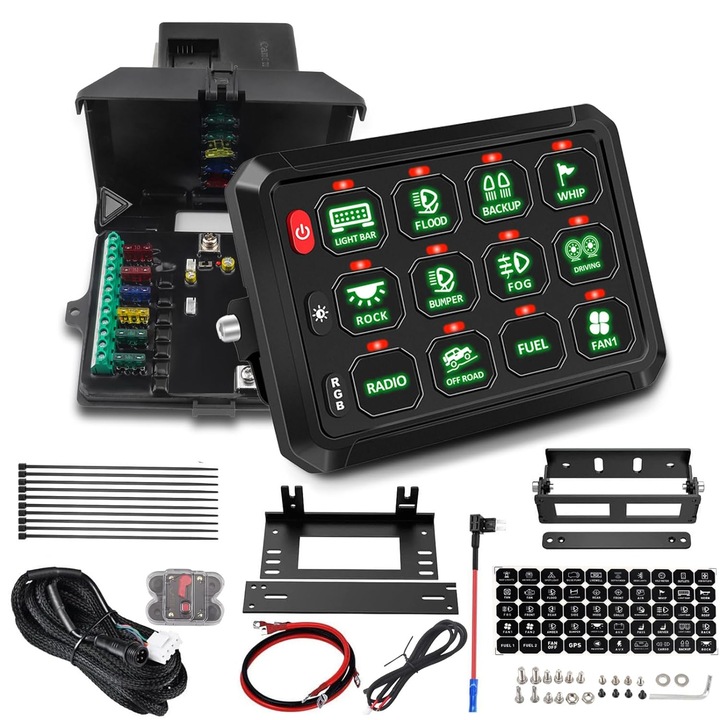 Kit panou comutator auto cu 12 butoane, 12-24 V, comutare prin releu, LED RGB, intrerupator On/Off 65A, impermeabil IP65, pentru masina, camion, rulota, barca, SUV, off-road