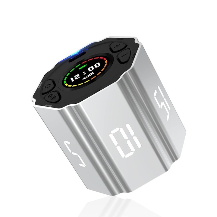 Visual Digital Timer, mágneses, Uleway, LED-ekkel, Hexaéder alakú, 5 cm, Ezüst