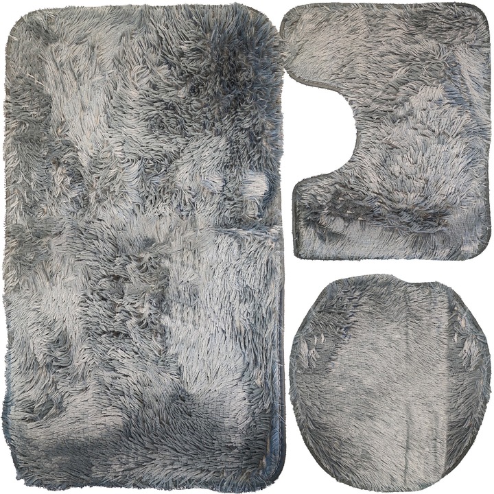 Set 3 Covorase Baie Retoo Shaggy din Material Pufos si Moale, Antiderapant, 80x49.5cm, 39.5x50cm, 39x37cm, Gri