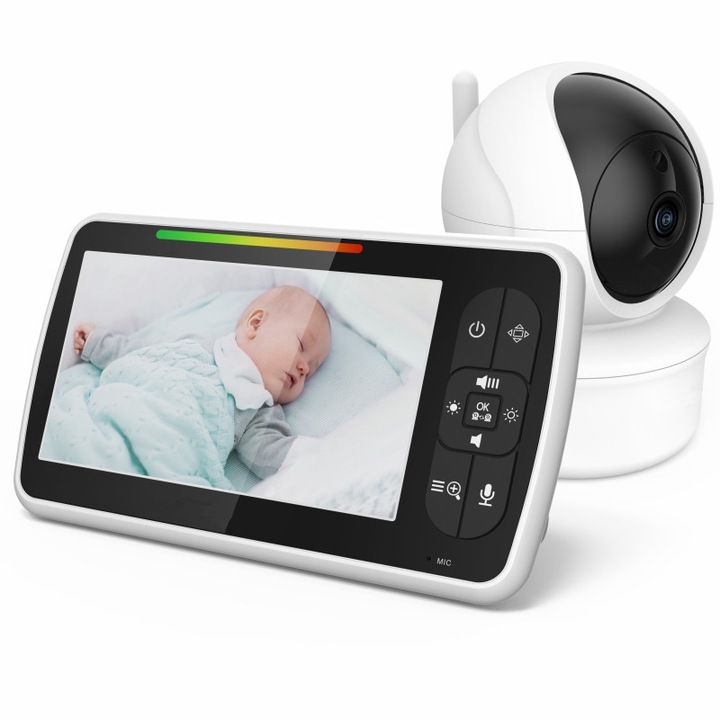 Baba videómonitor, SM6505, 5” AI NightVision HD, 360°-os Monitorozás, Hőmérséklet szenzor, ECO és VOX Mód, 8 Dal, Riasztás, Fehér