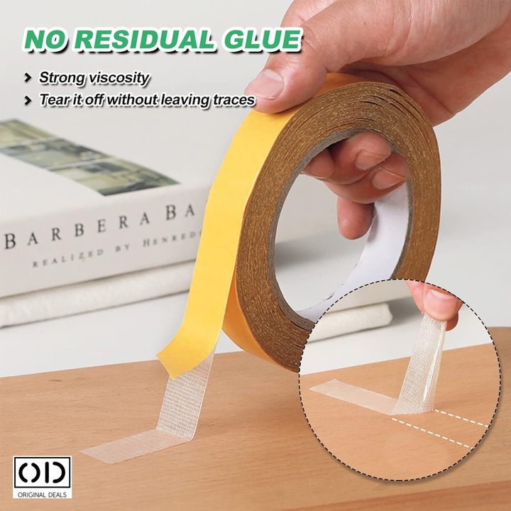 Banda Dublu Adeziva din Material Textil Premium pentru Tiv Haine si Prins, Suspendat Obiecte, 10m x 2 cm, ORIGINAL DEALS