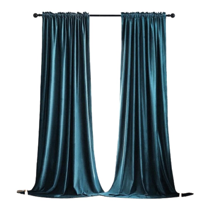 Set de 2 perdele MIULEE, 140 x 245 cm, catifea albastru-paun, termoizolante si opace, pentru dormitor sau sufragerie, cu buzunar pentru tija