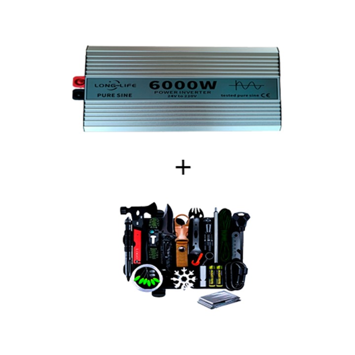 Invertor 6000 W, sinus pur, 24 V - 220 V, auto si sisteme panouri solare, tir, rulota, autorulota, testat osciloscop, barca, casa, si kit supravietuire 32 piese