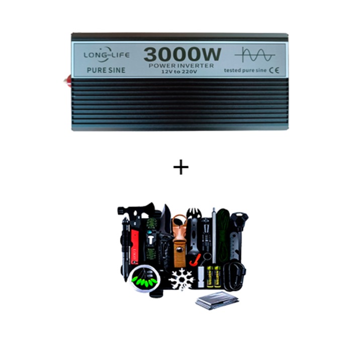 Invertor 3000 W, sinus pur, 12 V - 220 V, auto si sisteme panouri solare, tir, rulota, autorulota, testat osciloscop, barca, casa, si kit supravietuire 32 piese