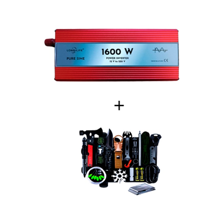 Invertor 1600 W, sinus pur, 12 V - 220 V, auto si sisteme panouri solare, tir, rulota, autorulota, testat osciloscop, barca, casa, si kit supravietuire 32 piese