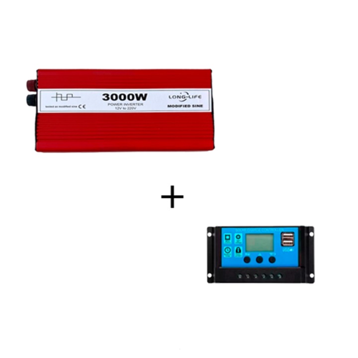 Invertor 3000 W, sinus modificat, 12 V - 220 V, auto si sisteme panouri solare, tir, rulota, autorulota, testat osciloscop, barca, casa, si controller 30A