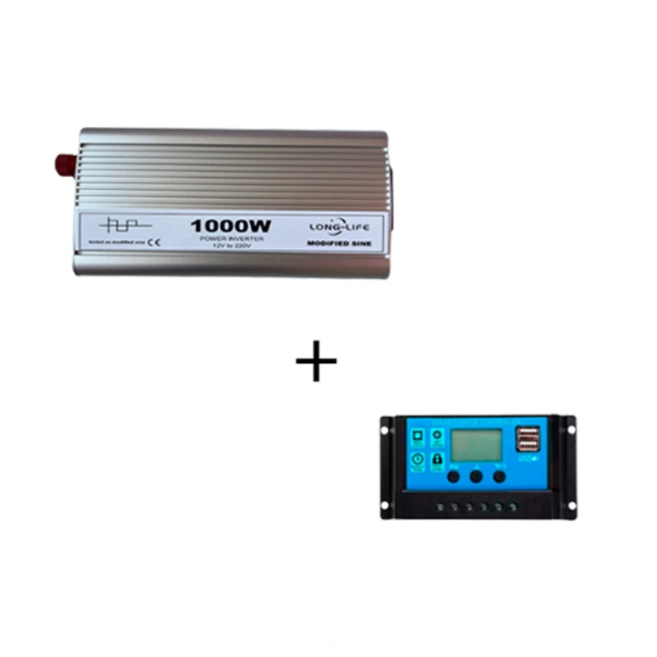 Invertor 1000 W, sinus modificat, 12 V - 220 V, auto si sisteme panouri solare, tir, rulota, autorulota, testat osciloscop, barca, casa, si controller 30A